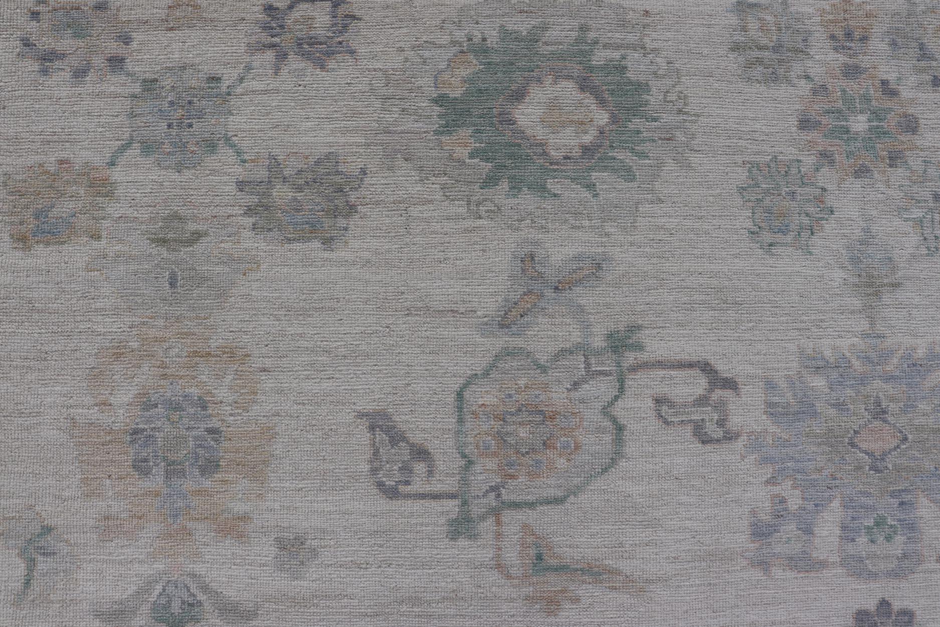 Contemporary Oushak Rug with Ivory Soft Pastel Accents in Sage, Peach, and Blue 12'3 x 17'10 For Sale