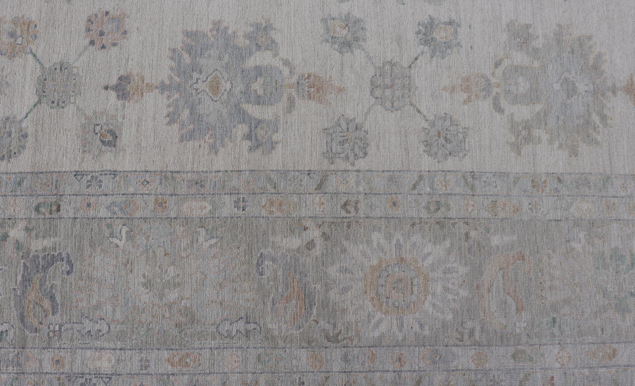Wool Oushak Rug with Ivory Soft Pastel Accents in Sage, Peach, and Blue 12'3 x 17'10 For Sale