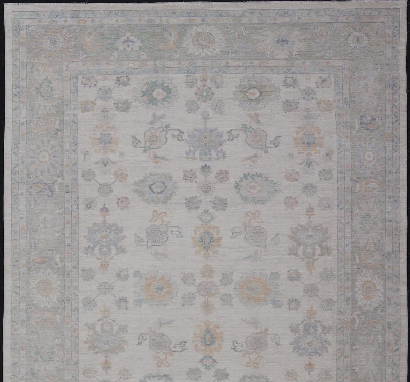 Oushak Rug with Ivory Soft Pastel Accents in Sage, Peach, and Blue 12'3 x 17'10 For Sale 1