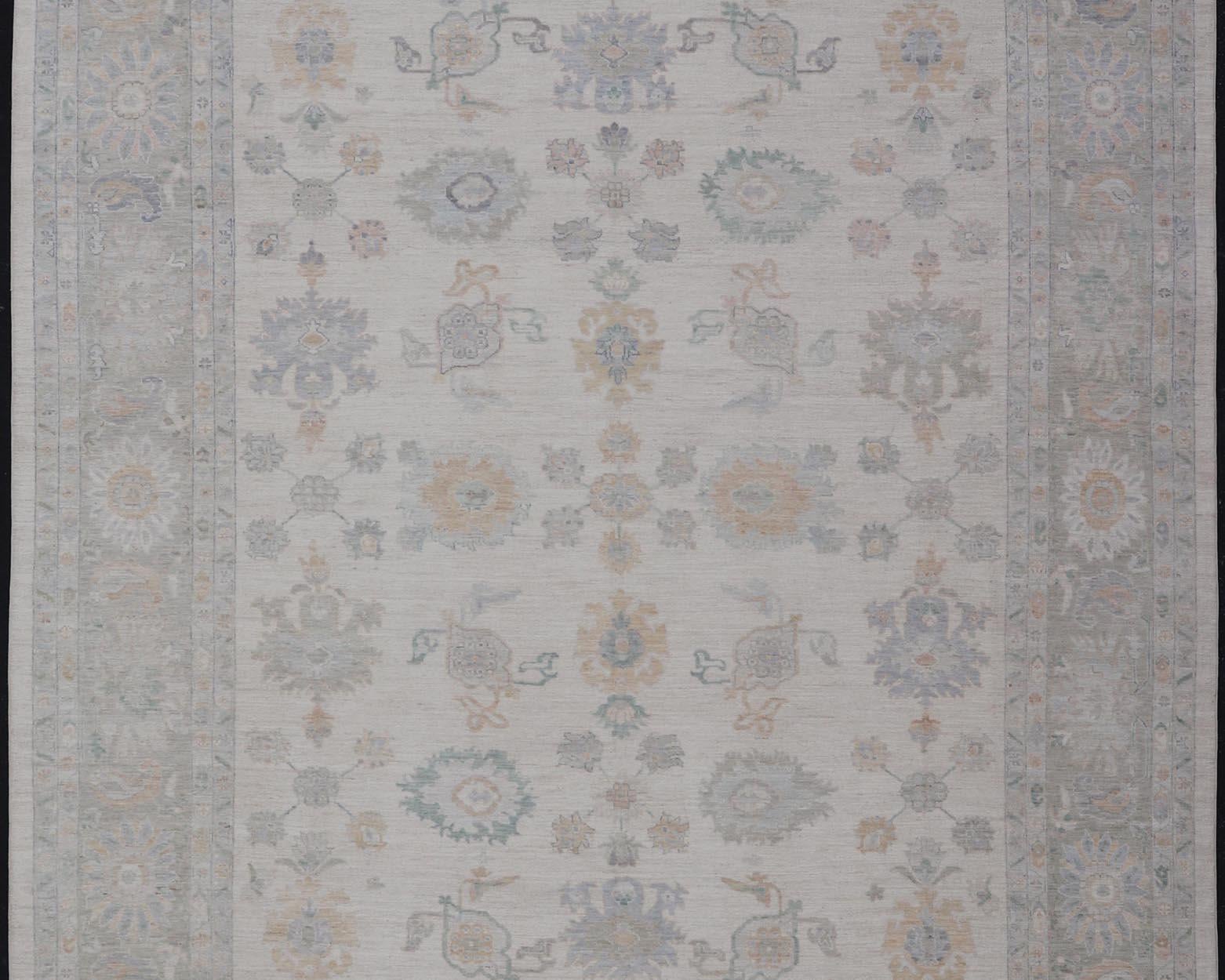 Oushak Rug with Ivory Soft Pastel Accents in Sage, Peach, and Blue 12'3 x 17'10 For Sale 2
