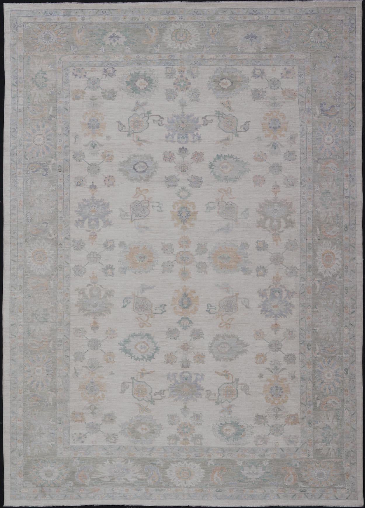 Oushak Rug with Ivory Soft Pastel Accents in Sage, Peach, and Blue 12'3 x 17'10 For Sale