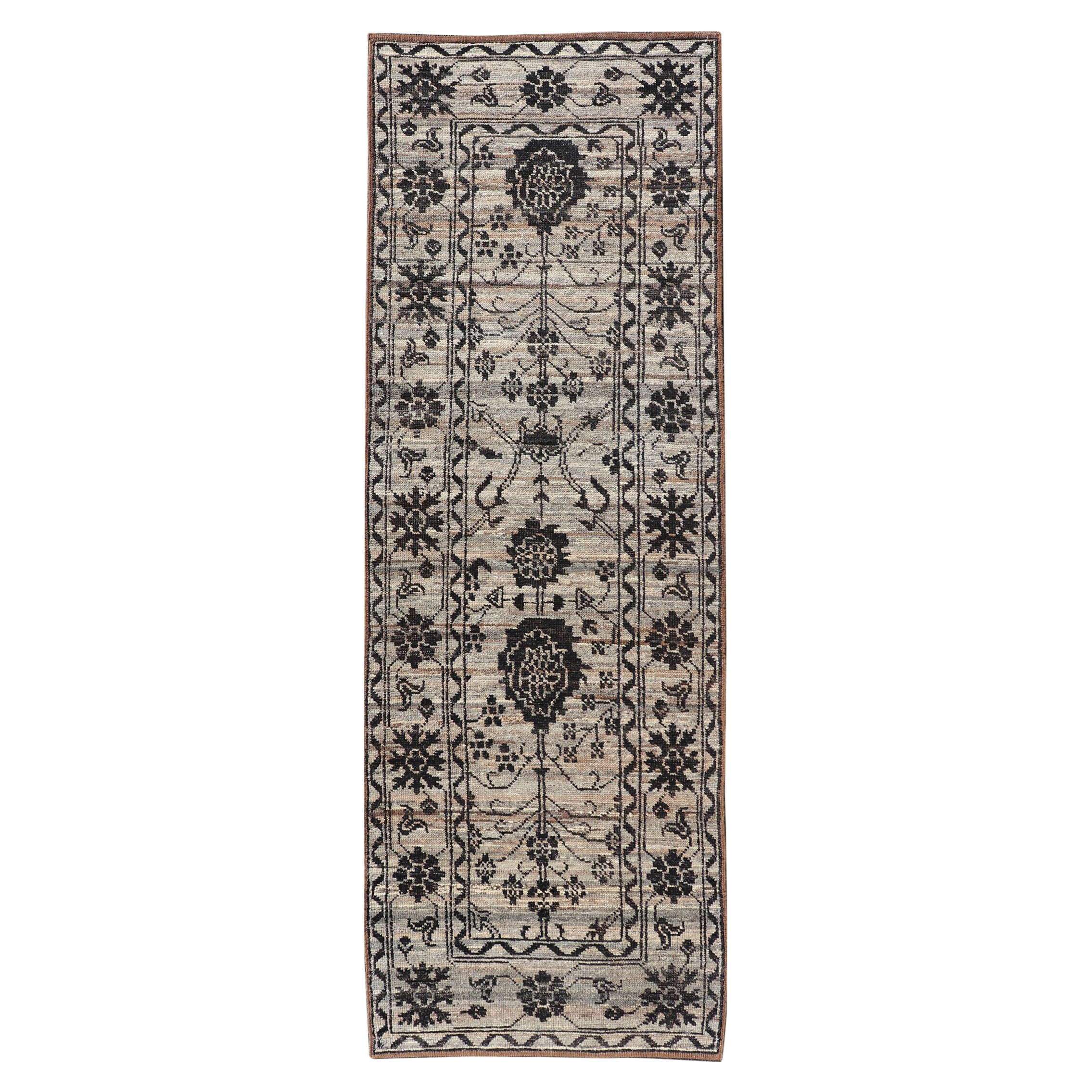 Oushak Runner by Keivan Woven Arts in Wool with Sub-Geometric Design 3'2" X9'8" For Sale