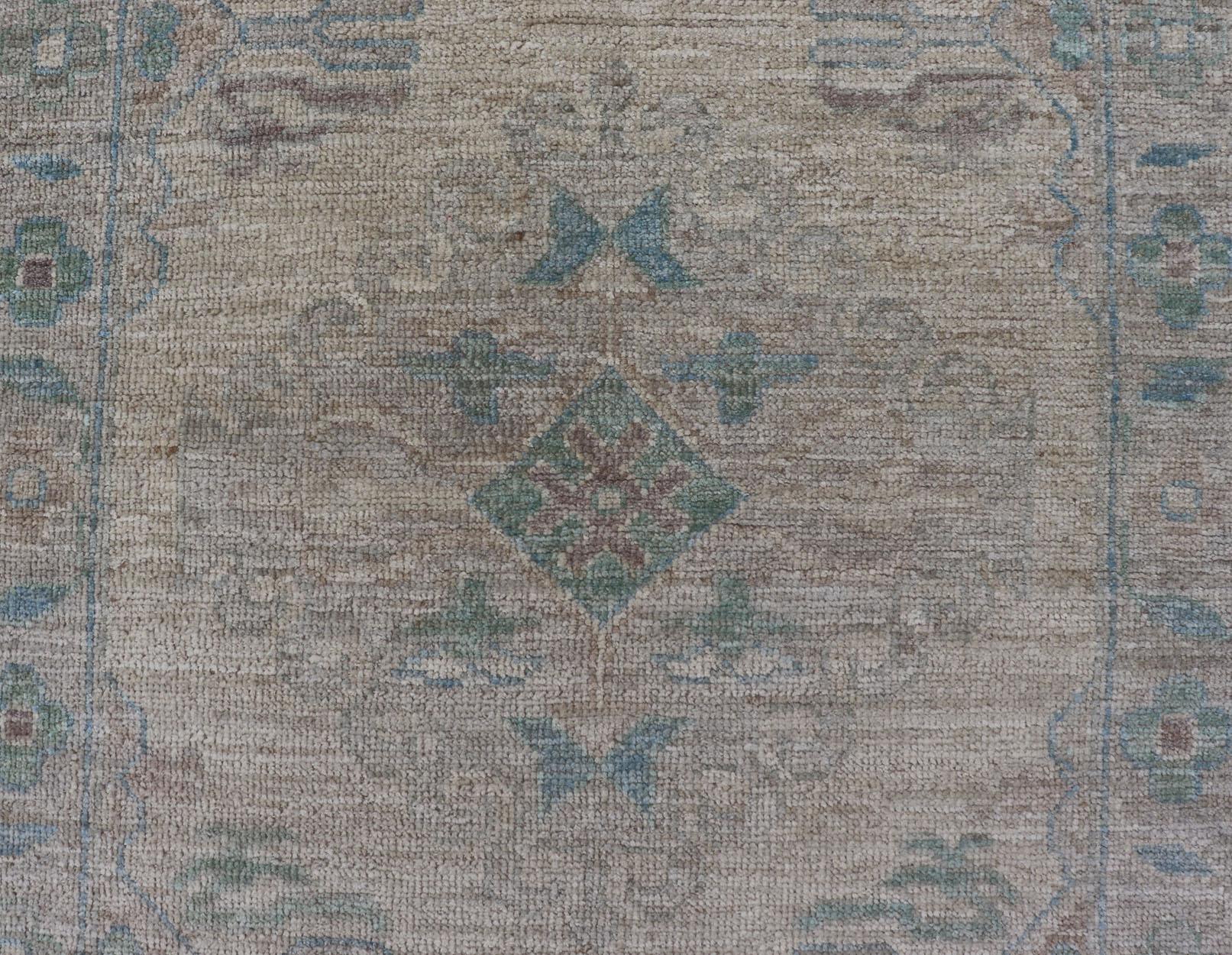 Oushak Runner with Medallion Design on a Cream Field with Blues and Green 3
