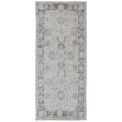 Oushak Runner with Traditional Floral/Botanical Design in Taupe, Gray and Cream