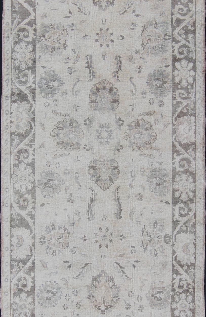 Turkish Oushak Runner with Traditional Floral/Botanical Design in Taupe, Gray and Cream For Sale