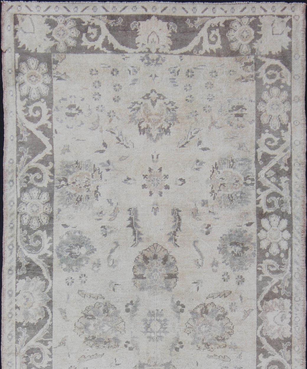 Hand-Knotted Oushak Runner with Traditional Floral/Botanical Design in Taupe, Gray and Cream For Sale