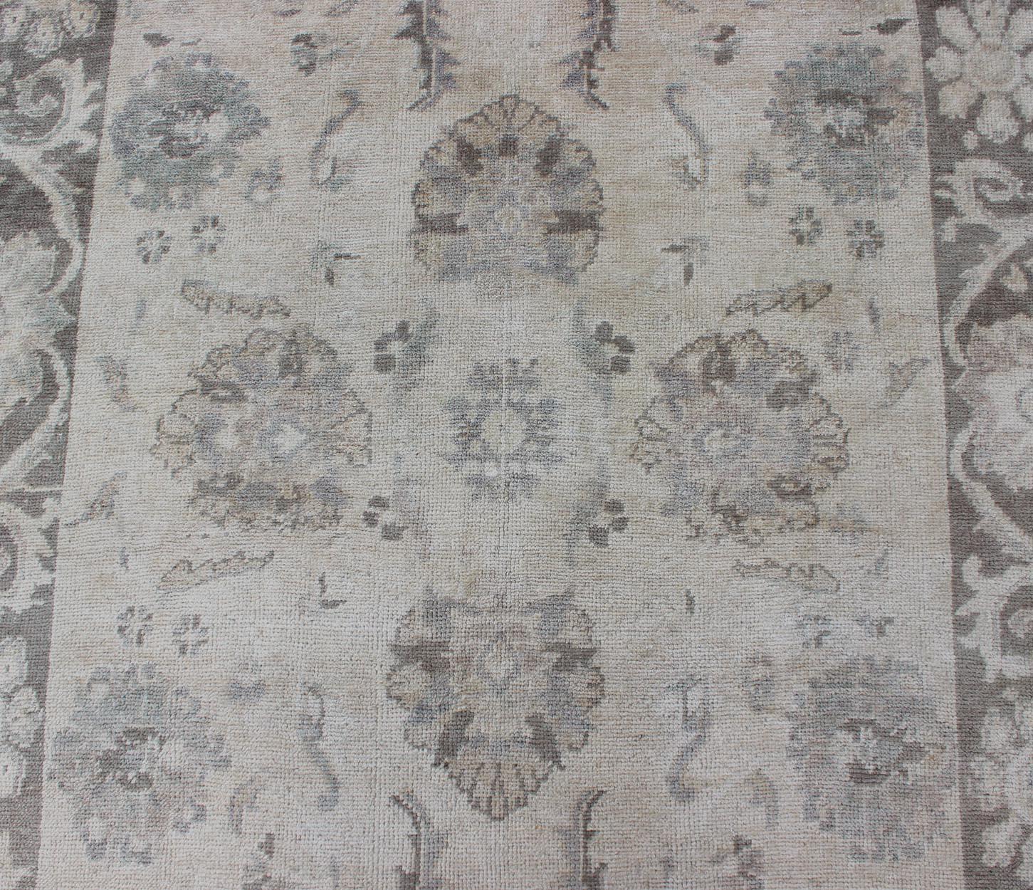 Mid-20th Century Oushak Runner with Traditional Floral/Botanical Design in Taupe, Gray and Cream For Sale