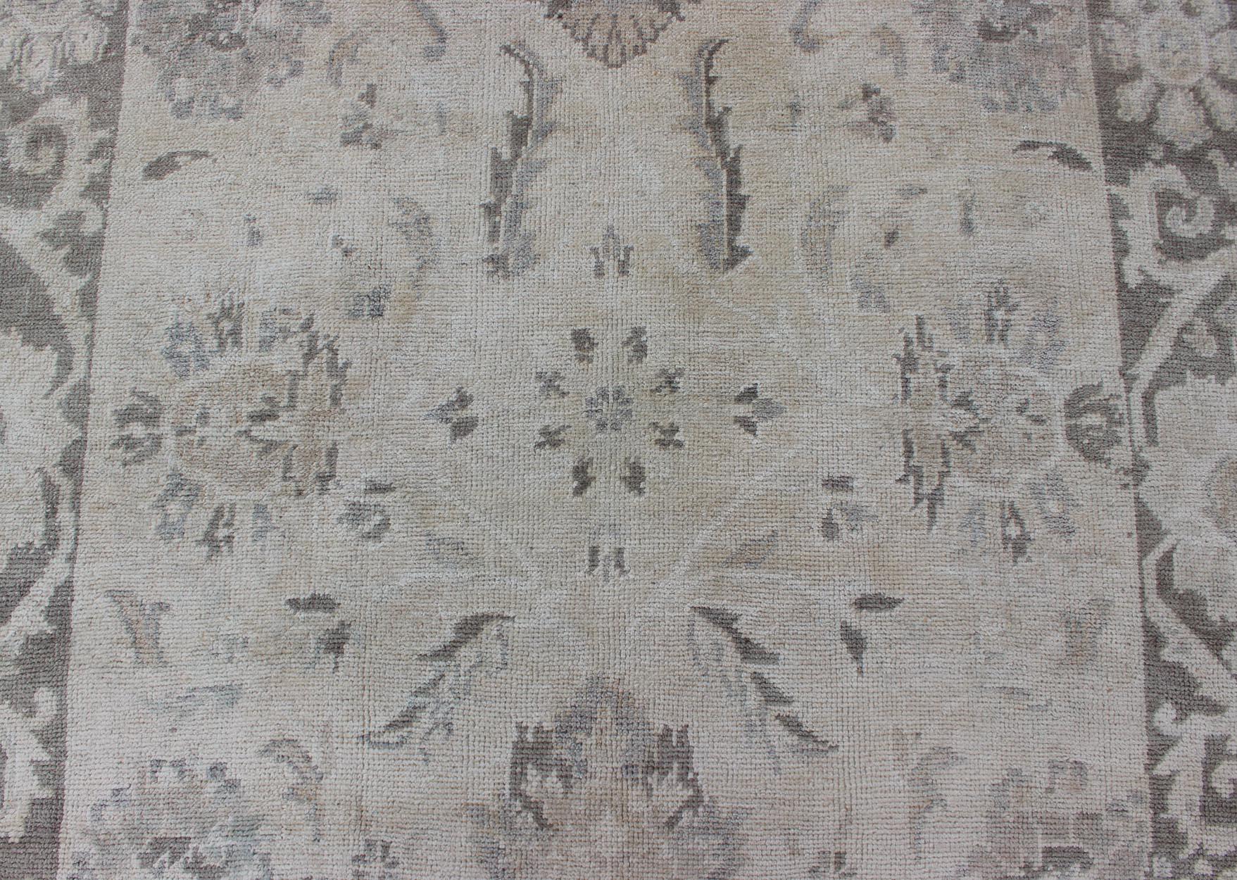 Wool Oushak Runner with Traditional Floral/Botanical Design in Taupe, Gray and Cream For Sale