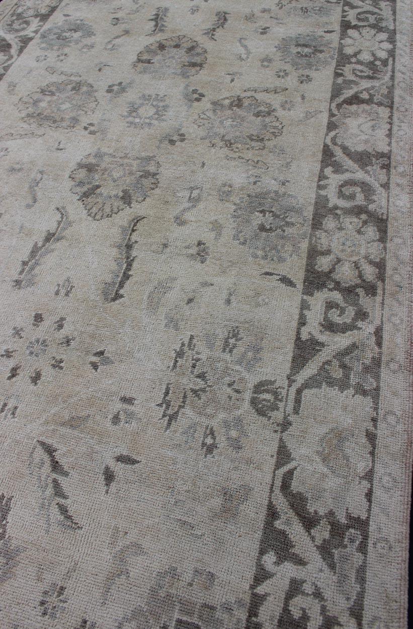 Oushak Runner with Traditional Floral/Botanical Design in Taupe, Gray and Cream For Sale 2