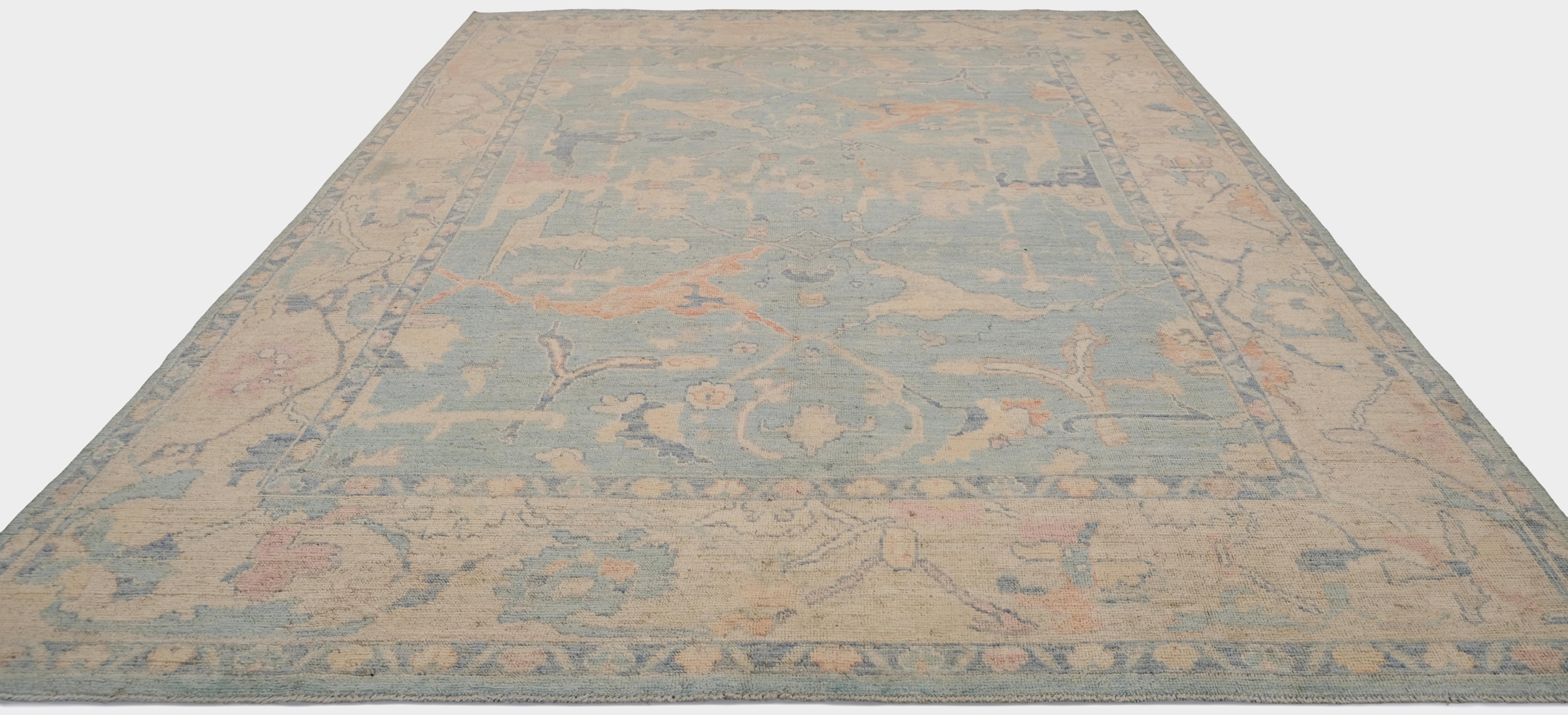 Oushak Suave Alfombra de Lana Azul Pastel Verde y Beige 9'x12'8'' Neoclásico en venta