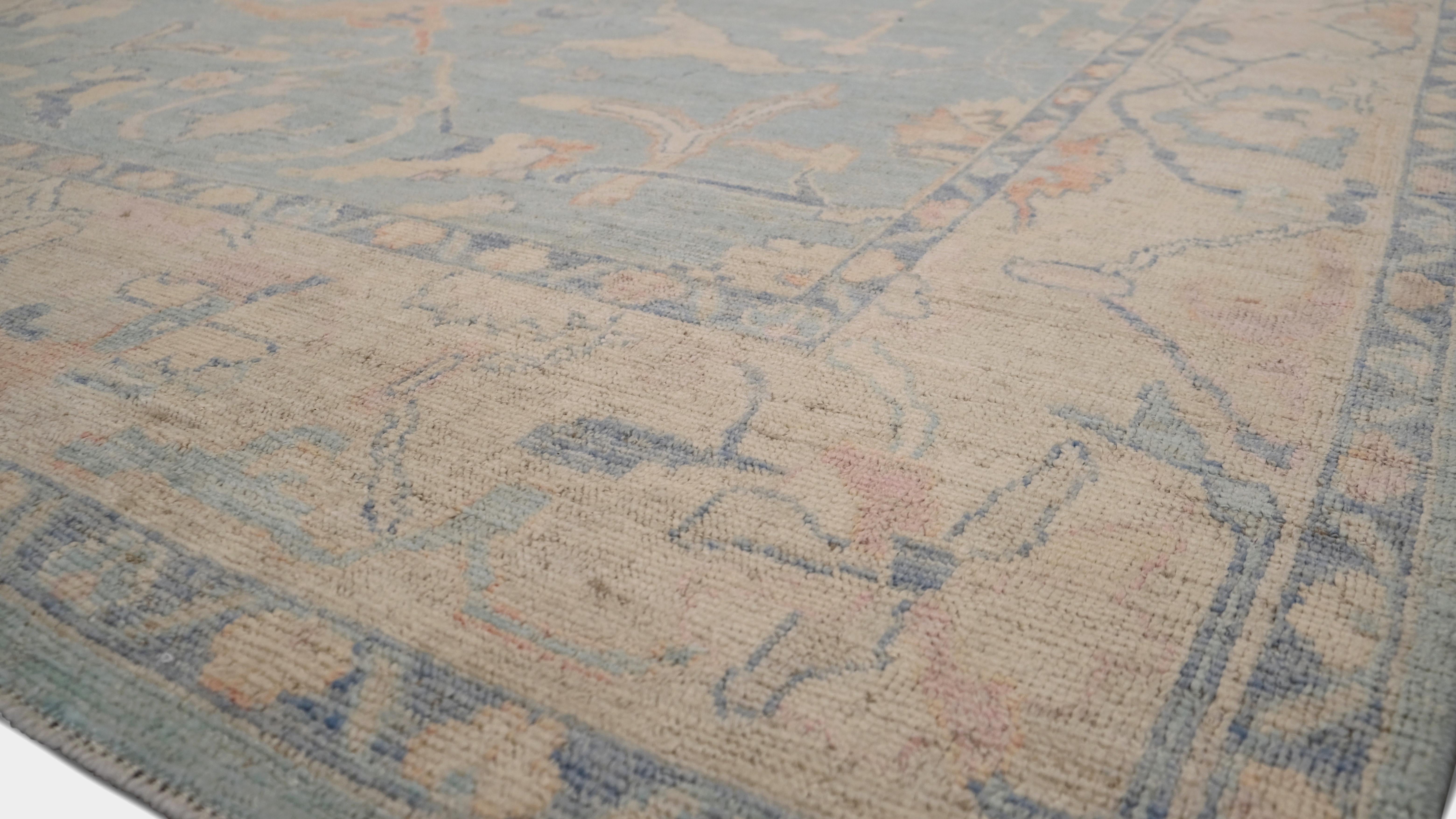 Oushak Suave Alfombra de Lana Azul Pastel Verde y Beige 9'x12'8'' Anudado a mano en venta