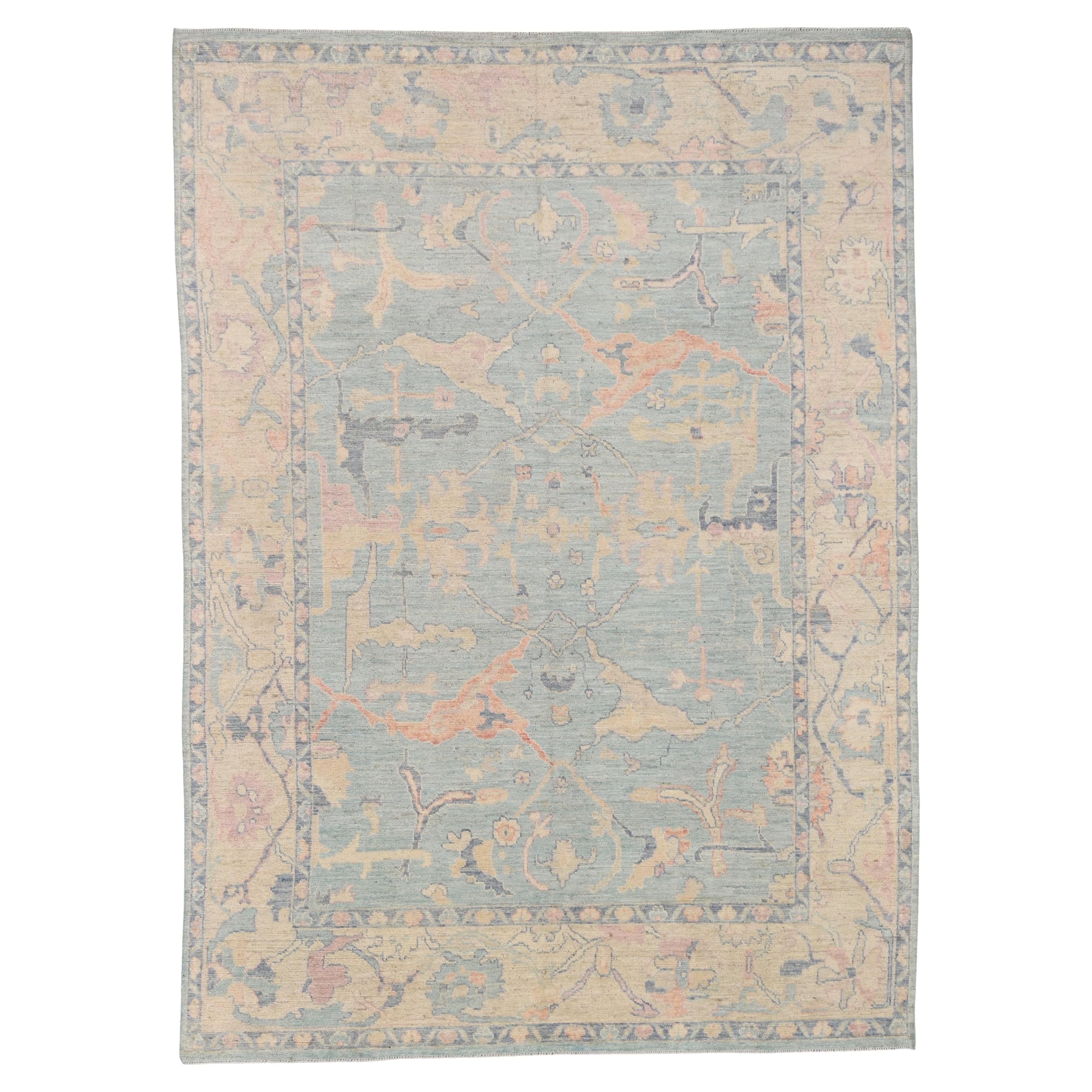 Oushak Suave Alfombra de Lana Azul Pastel Verde y Beige 9'x12'8''
