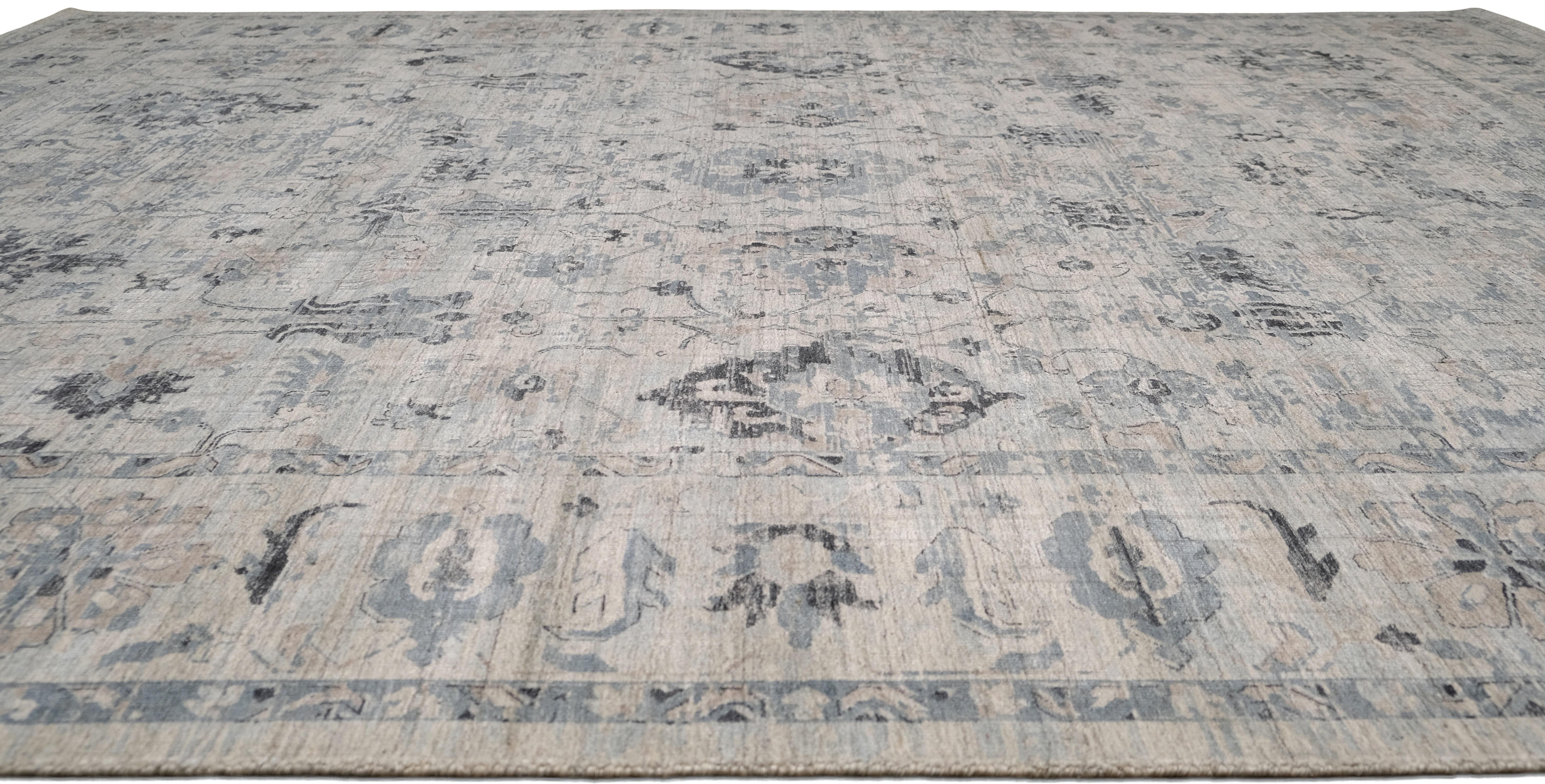 Oushak Style Blau und Elfenbein Handgemachte Wolle Mischung Teppich 9'x12' (Viktorianisch) im Angebot