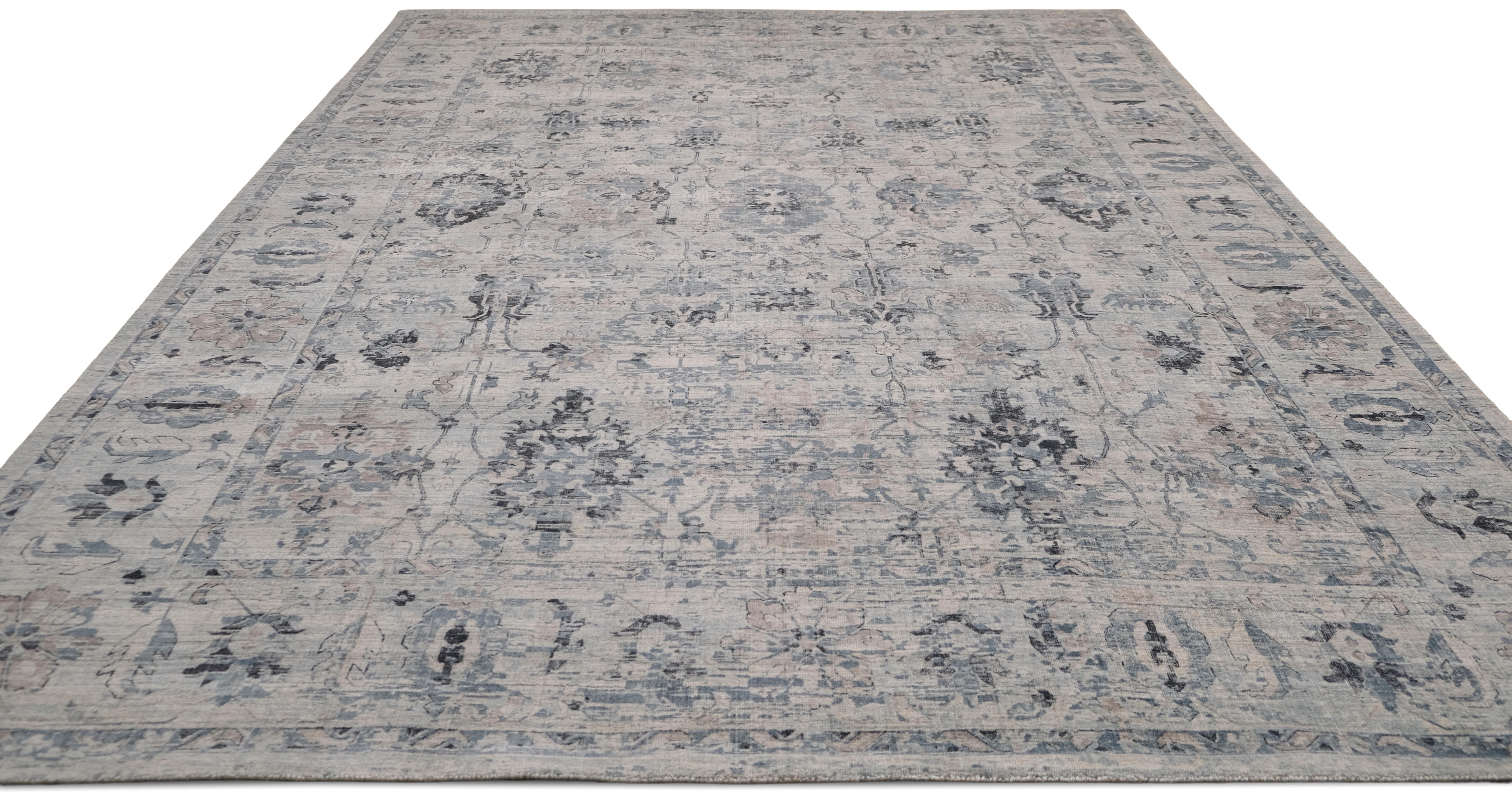 Oushak Style Blau und Elfenbein Handgemachte Wolle Mischung Teppich 9'x12' (Asiatisch) im Angebot