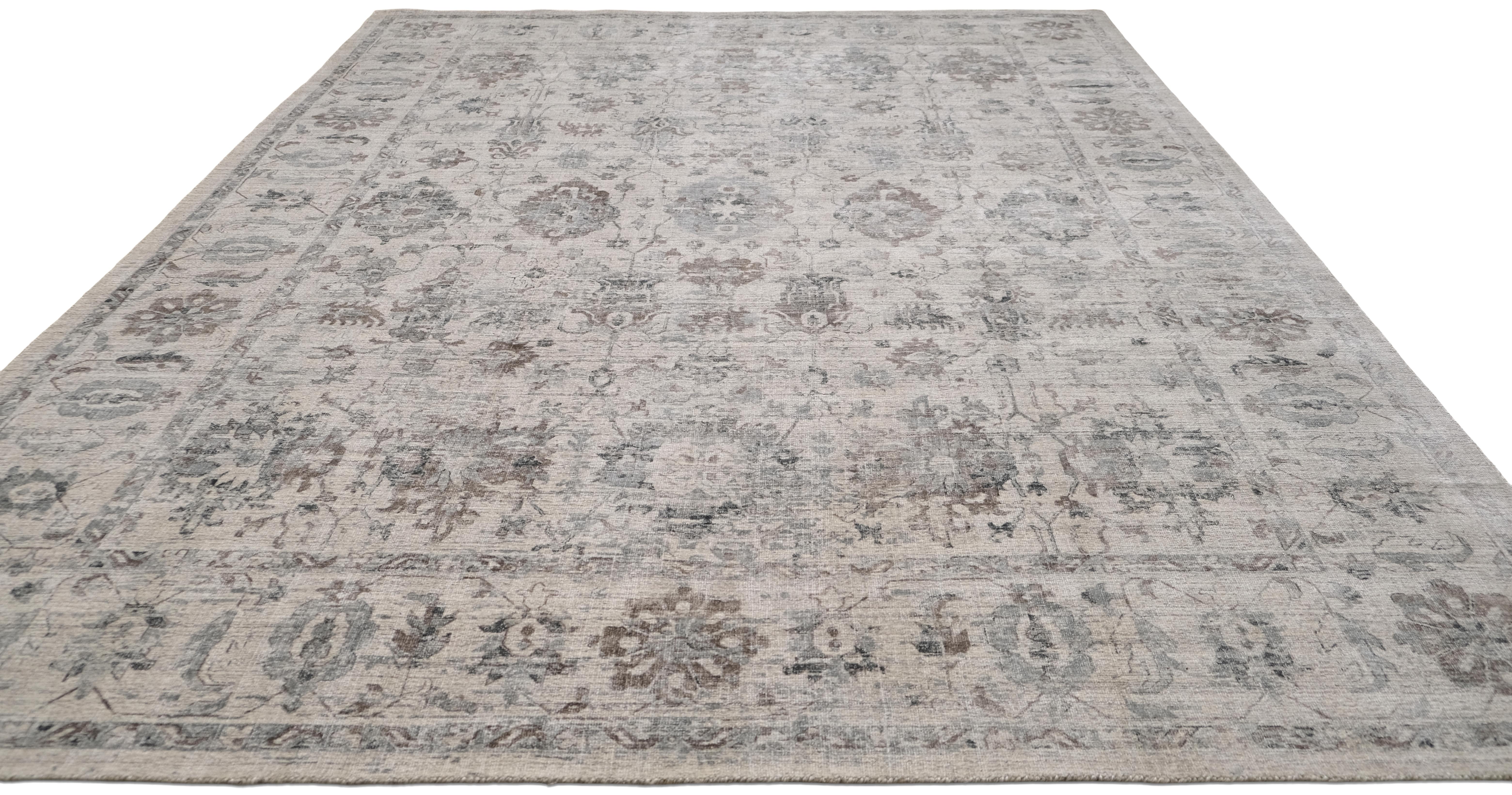 Oushak Style Grauer und Elfenbeinfarbener Wollmischteppich 9'x12' (Viktorianisch) im Angebot