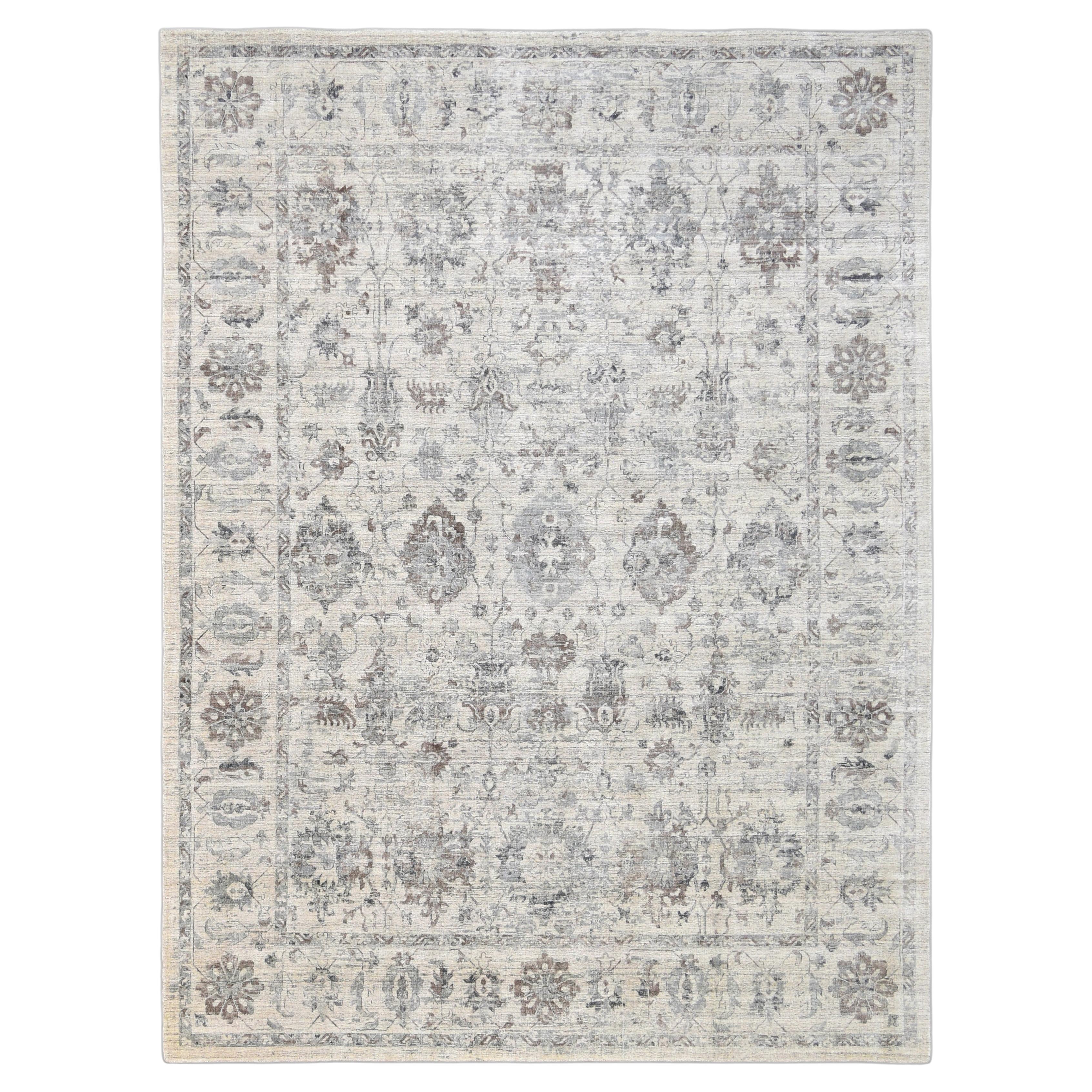 Oushak Style Grauer und Elfenbeinfarbener Wollmischteppich 9'x12'