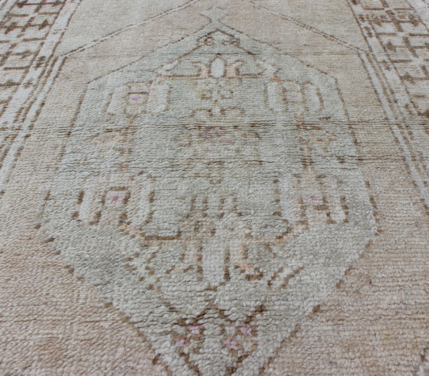 Wool Oushak Vintage Rug from Turkey with Layered Medallion in Tan & Taupe