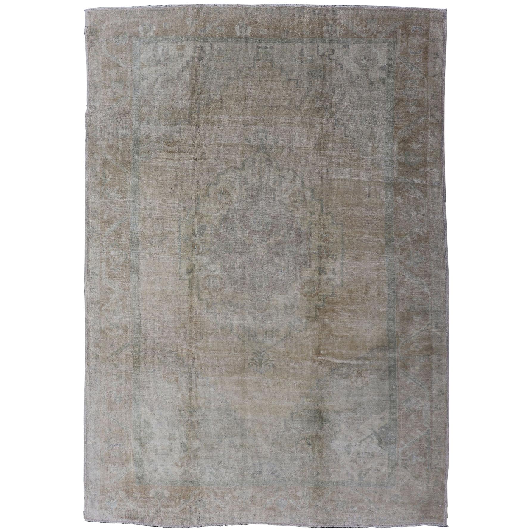 Oushak Vintage Rug with Pastel Colors in Tan, Green, Butter Yellow and Taupe