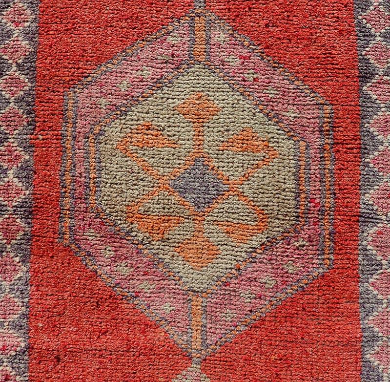 Oushak Vintage Turkish Runner with Geometric Medallion Design with Orangey-Red For Sale 4