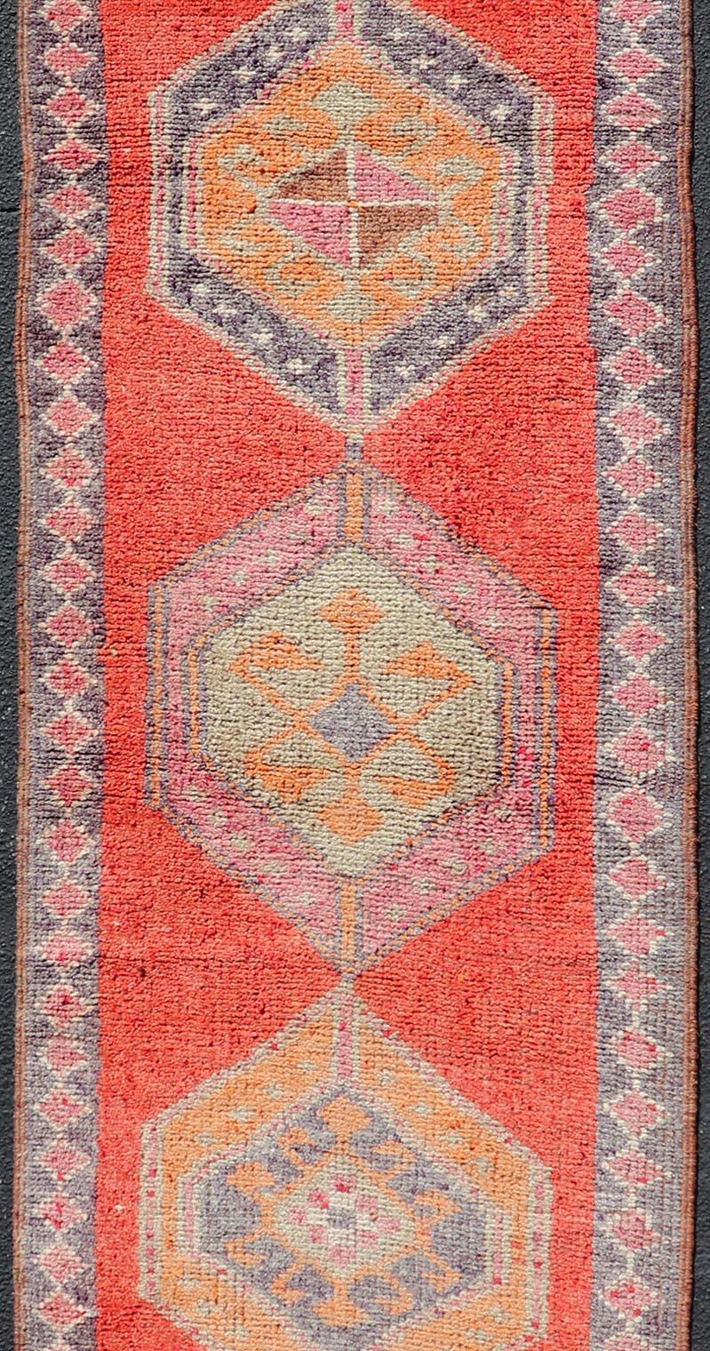Oushak Vintage Turkish Runner with Geometric Medallion Design with Orangey-Red In Excellent Condition For Sale In Atlanta, GA