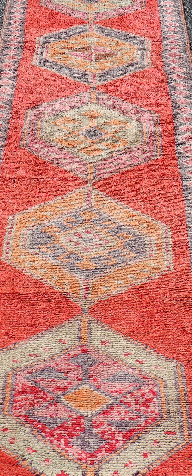 Oushak Vintage Turkish Runner with Geometric Medallion Design with Orangey-Red For Sale 2