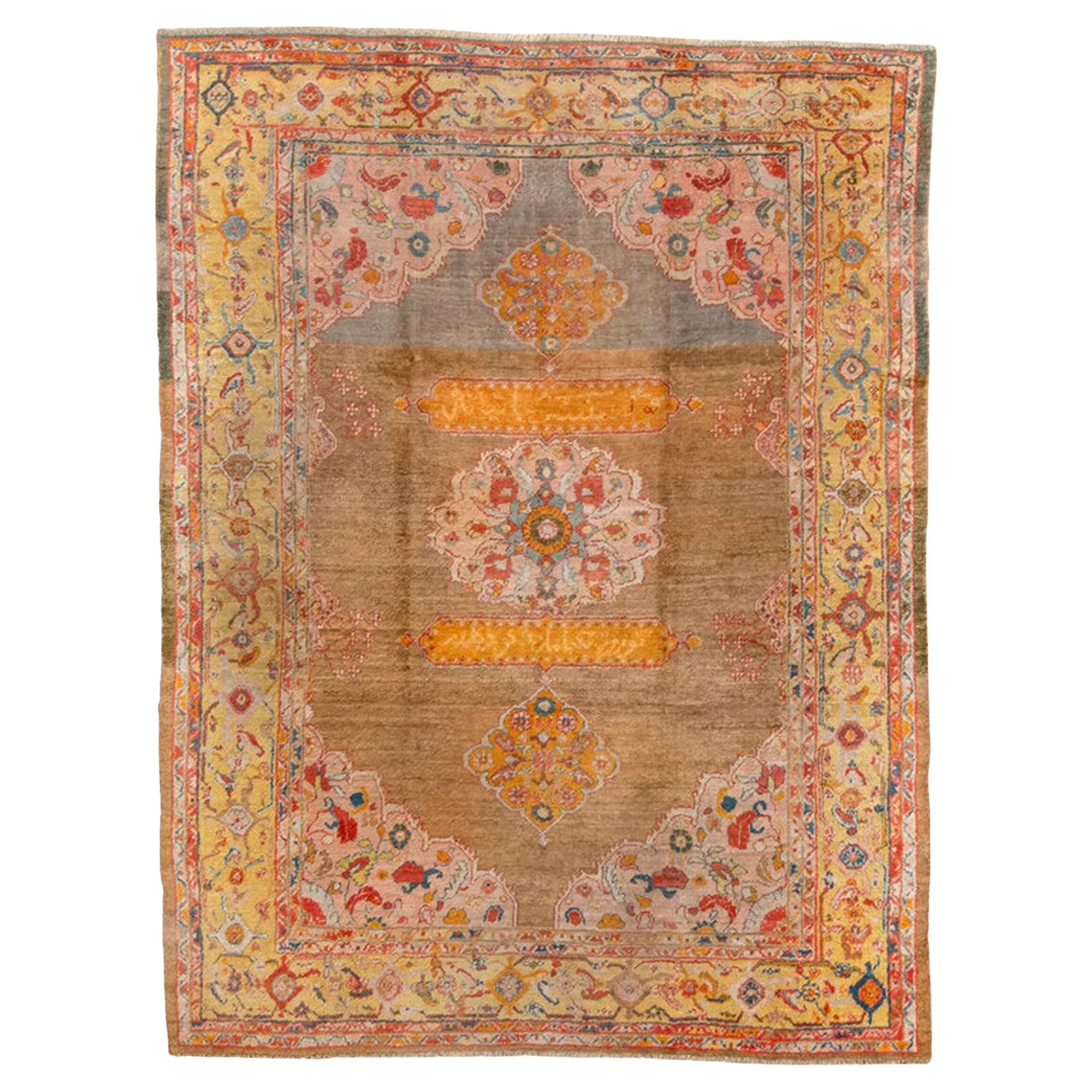 Oushak with a Camel Field and Tangerine, Madder Red, Blush, Pale Yellow c.1900 For Sale