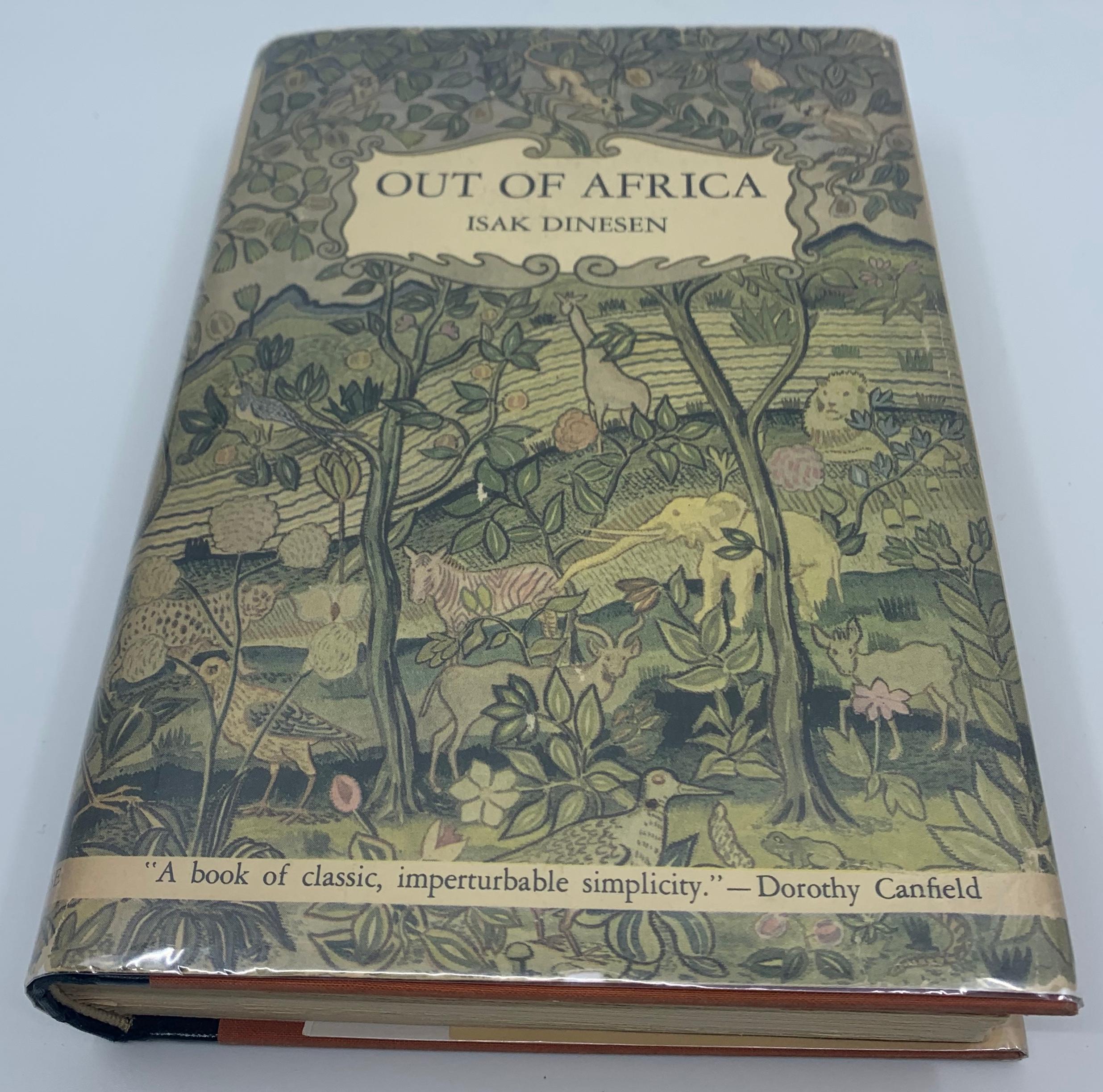 Out of Africa, Isak Dinesen. First Edition. One of the most popular works of the authoress Isak Dinesen, non se plume of Baroness Blixen written in colonial era East Africa. Original dust jacket in protective melamine sleeve over orange cloth board