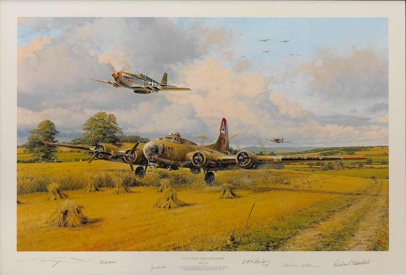 Presented is a collage with Robert Taylor’s limited edition print of “Out of Fuel and Safely Home” and a true Army Medal of Honor. Numbered 1084 out of only 1250, the print is signed by Robert Taylor and five WWII fighter pilots who flew B-17s: