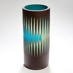 Out Of The Blue, black, aqua & lime patterned handblown vase by Sarah Wiberley
