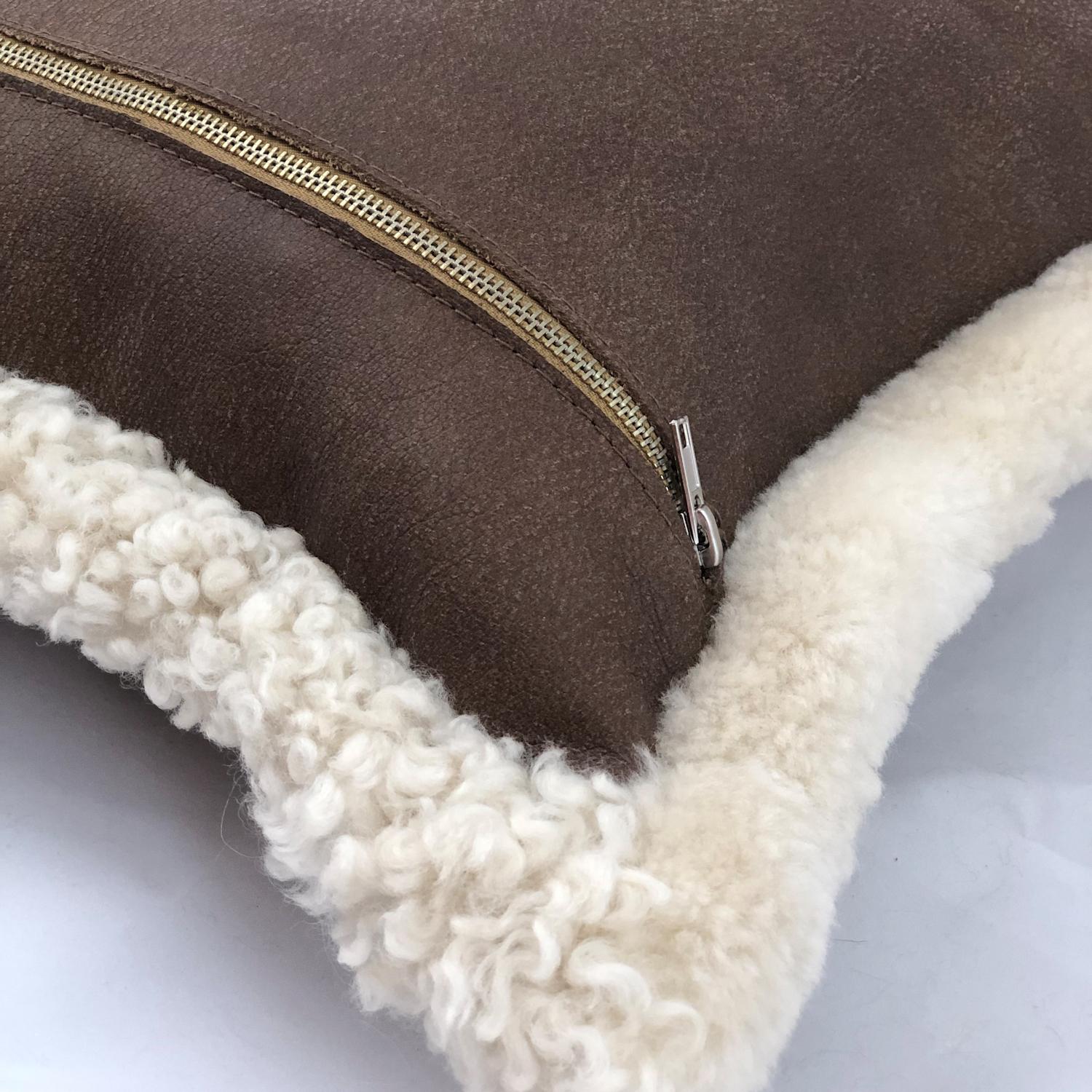 Country Outback Brown Leather and Shearling Sheepskin Pillow Rectangle Cushion For Sale