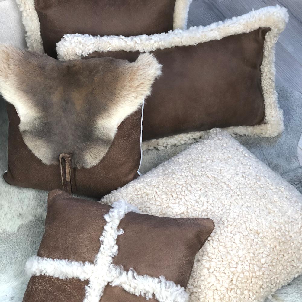 Australian Outback Brown Leather and Shearling Sheepskin Pillow Rectangle Cushion For Sale