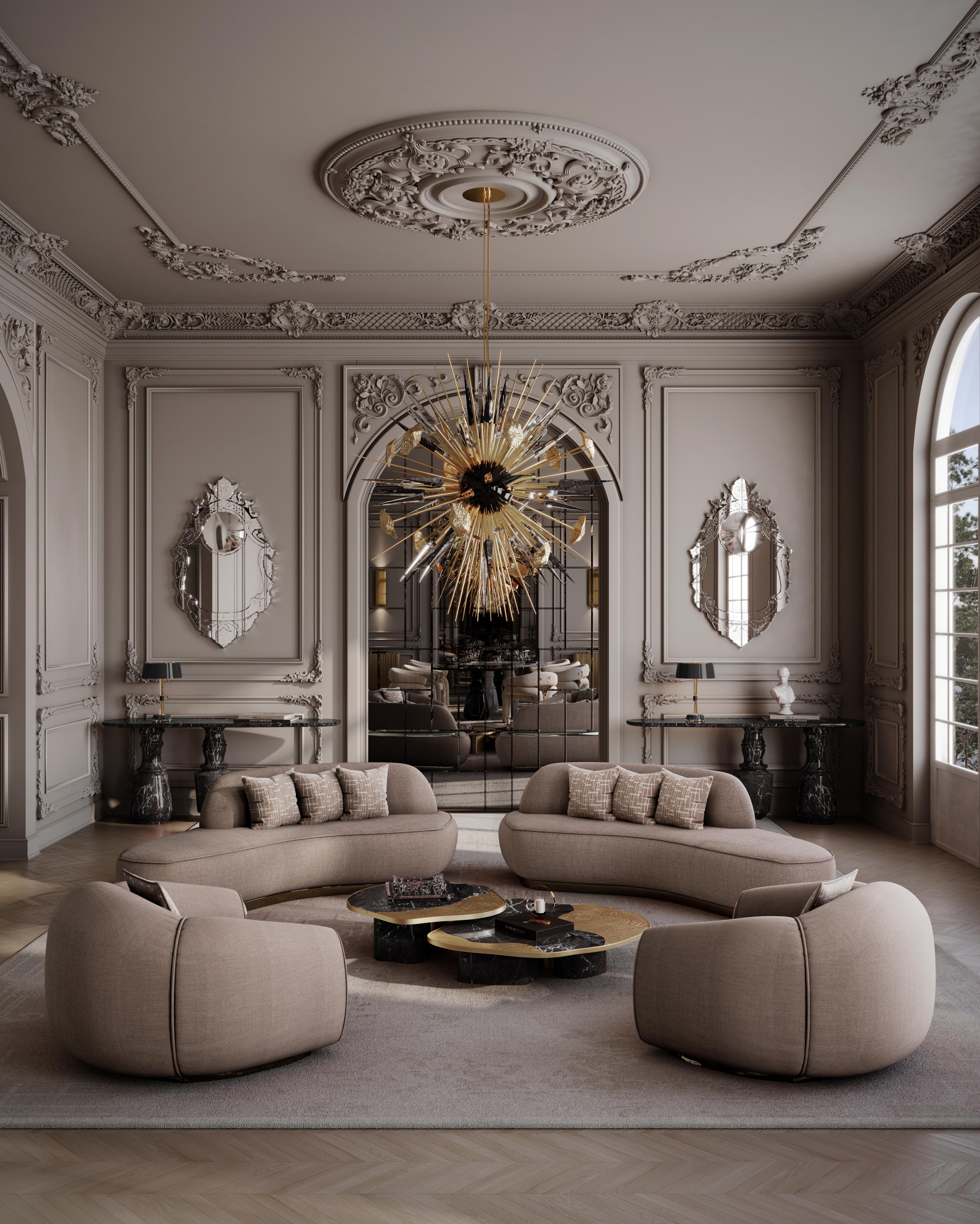 The Outburst Chandelier is a masterpiece born from the collaboration between Boca do Lobo and Koket, merging contemporary artistry with an opulent design language. This striking suspension lamp captivates with its dynamic composition of noble