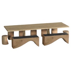 Cedro exterior 118  Mesa de comedor con siete taburetes y dos bancos en madera de cedro