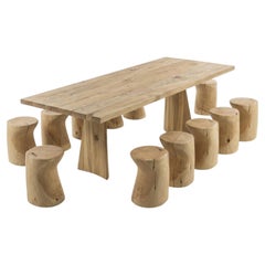 Outdoor 118" W Cedar Wood Dining Table With Twelve Stools in Solid Cedar Wood
