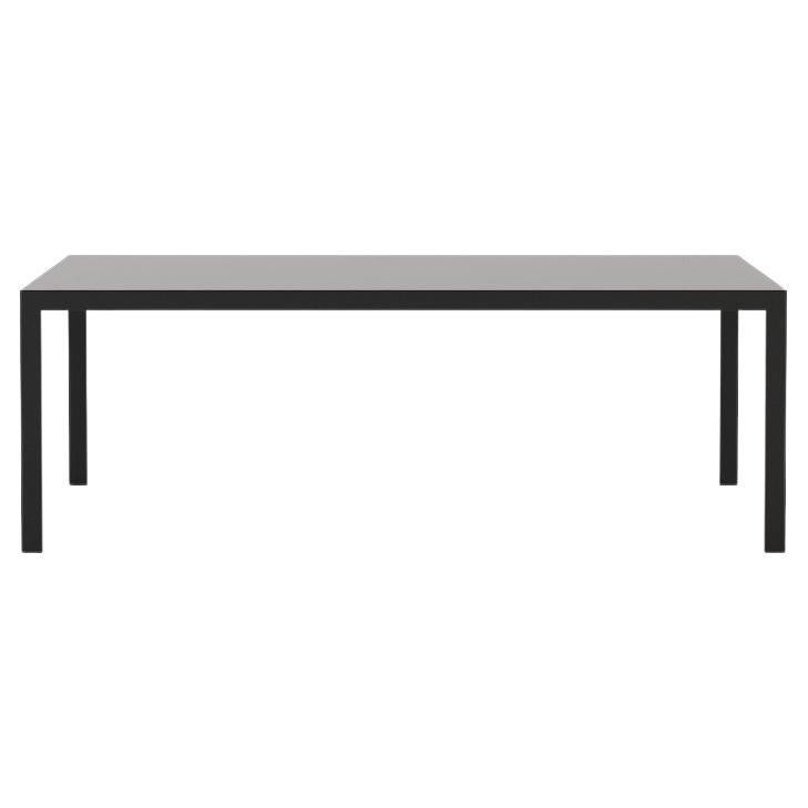 Cette table de salle à manger d'extérieur est proposée avec un cadre et des pieds en acier inoxydable microtexturé noir ou blanc. Le plateau est en HPL également proposé en noir ou en blanc. 
Voir les images ci-jointes pour les options de finition.