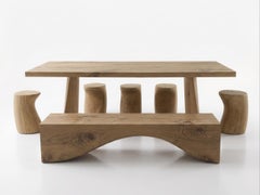 Monolithic Outdoor Solid Cedar Dining Table with Carved Bench and Five Stools