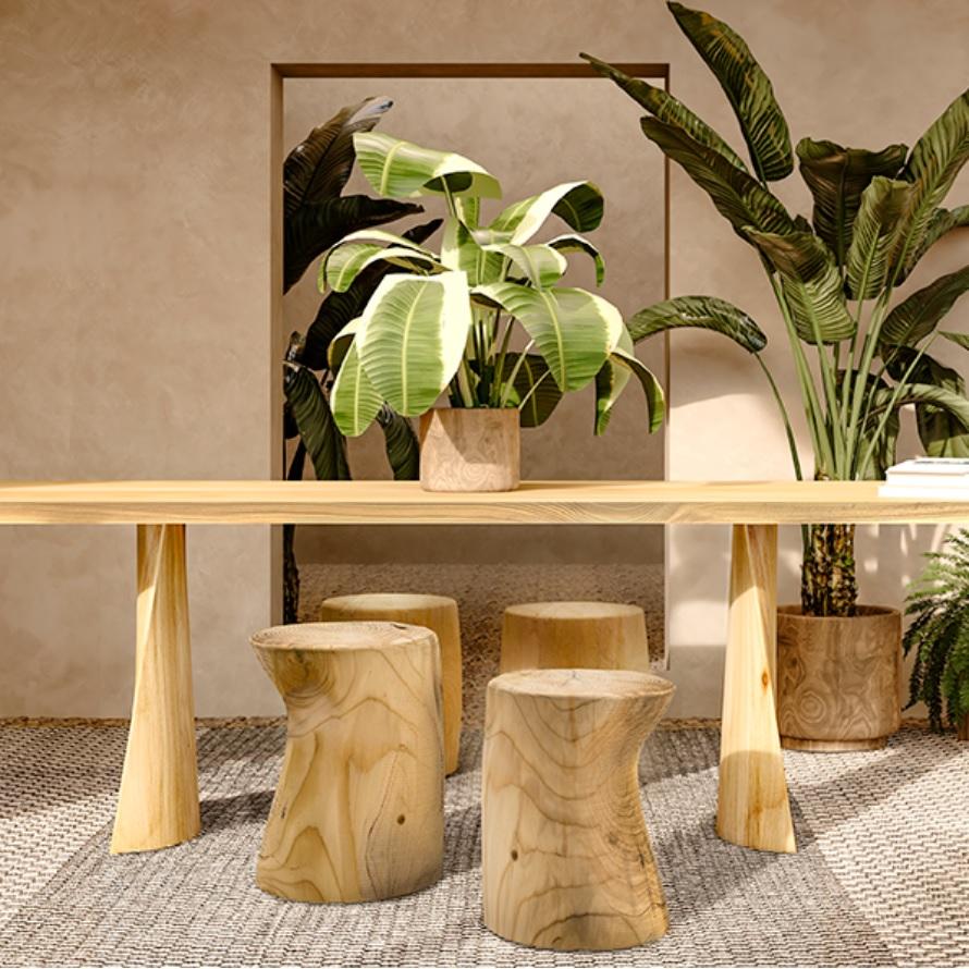 Cedro Tavolo da pranzo in legno di cedro per esterni con cinque sgabelli e una panca in legno di cedro massiccio in vendita