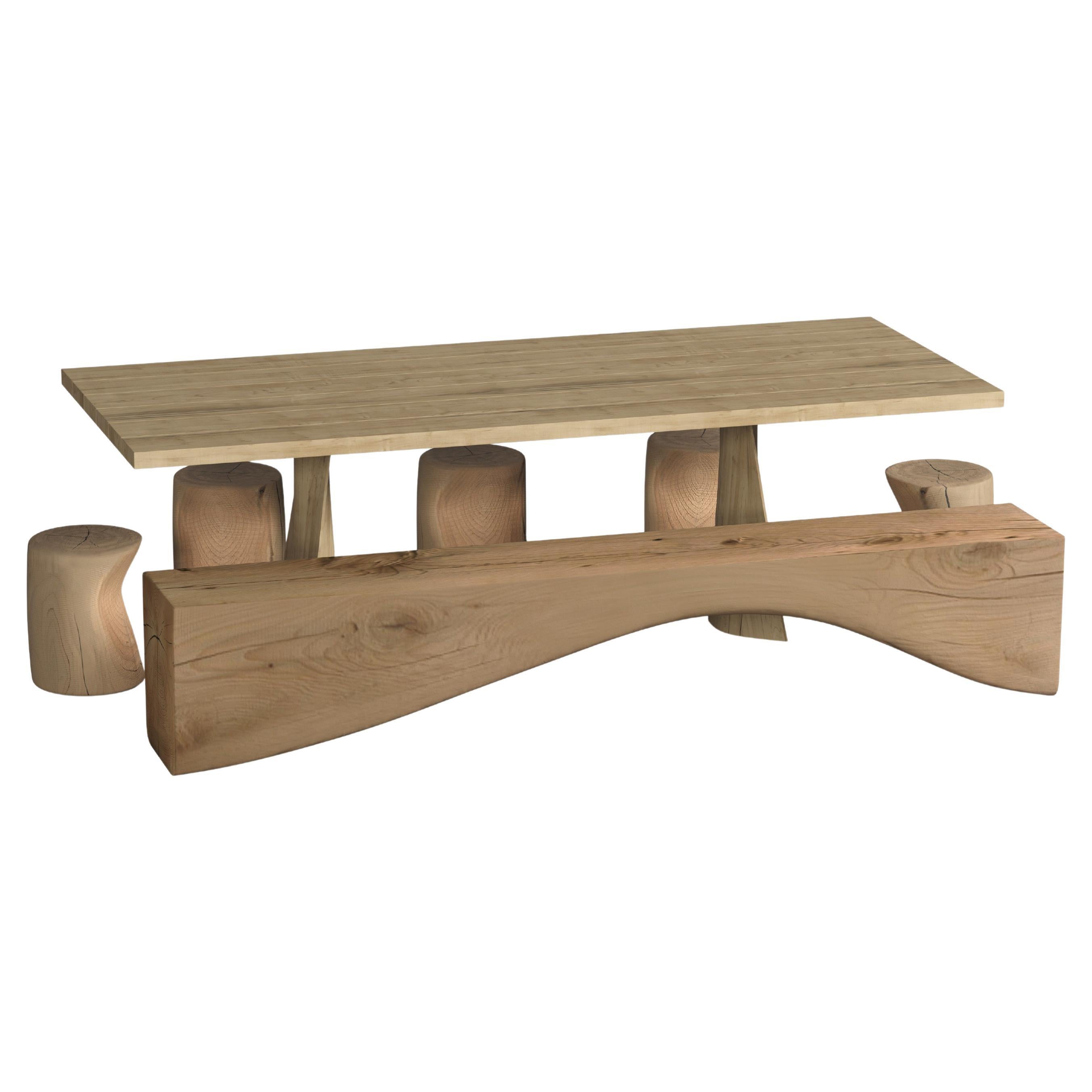 Table de salle à manger d'extérieur 95 pouces de large avec cinq tabourets et un banc en bois de cèdre massif