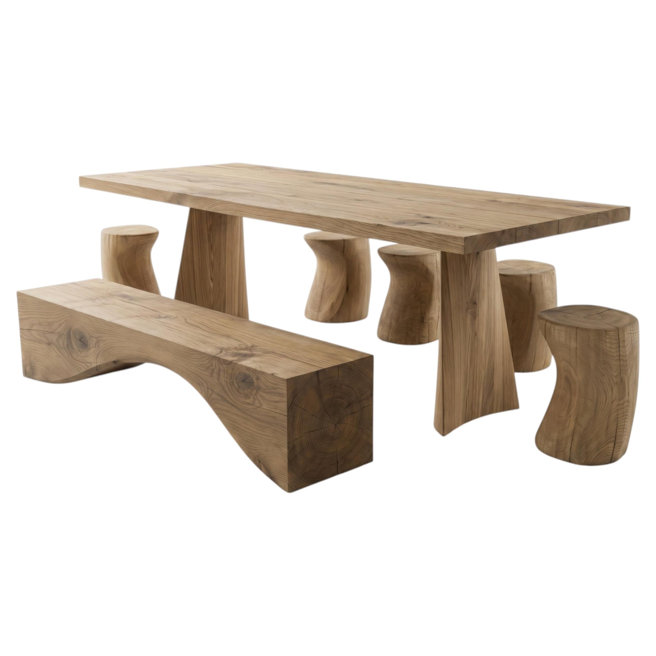 Monolithic Outdoor Solid Cedar Dining Table with Carved Bench and Five Stools For Sale