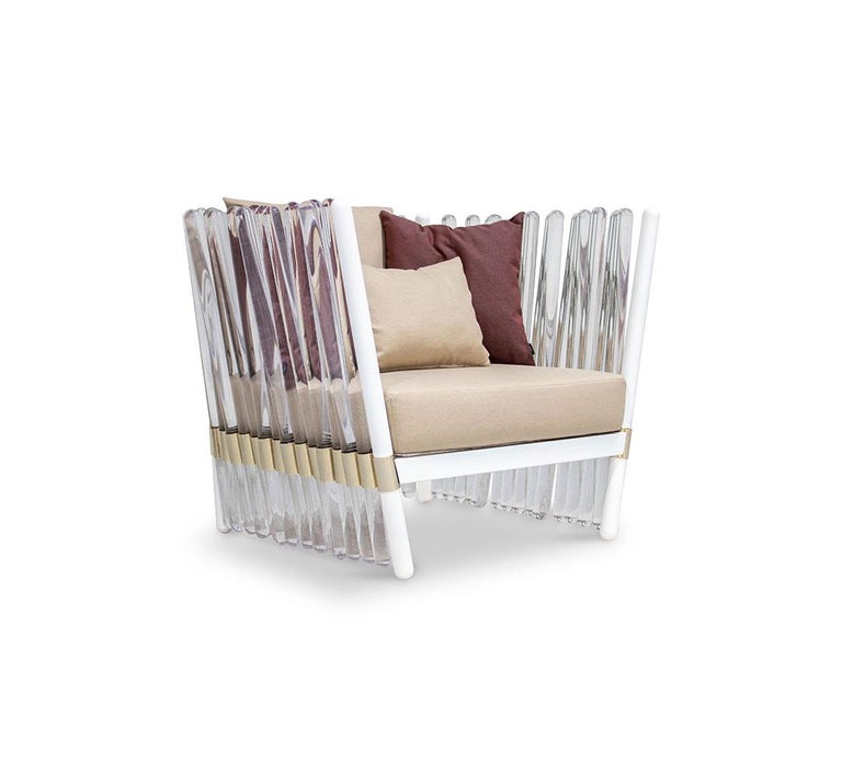 Modern Acrylic Outdoor Armchair Gold Plated Stainless Steel Waterproof Fabric Beige For Sale