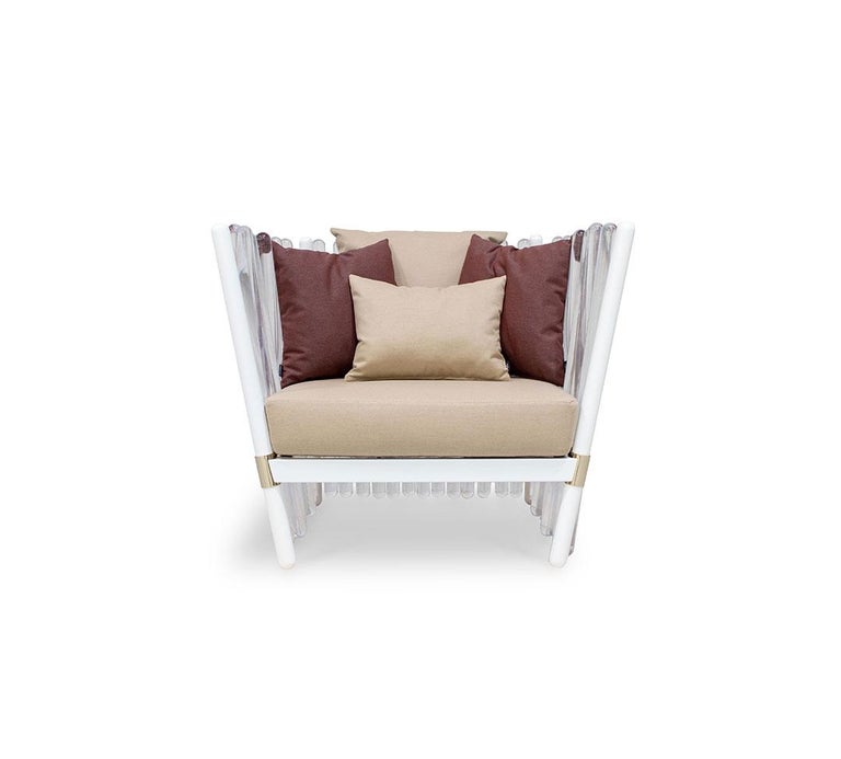 Portuguese Acrylic Outdoor Armchair Gold Plated Stainless Steel Waterproof Fabric Beige For Sale