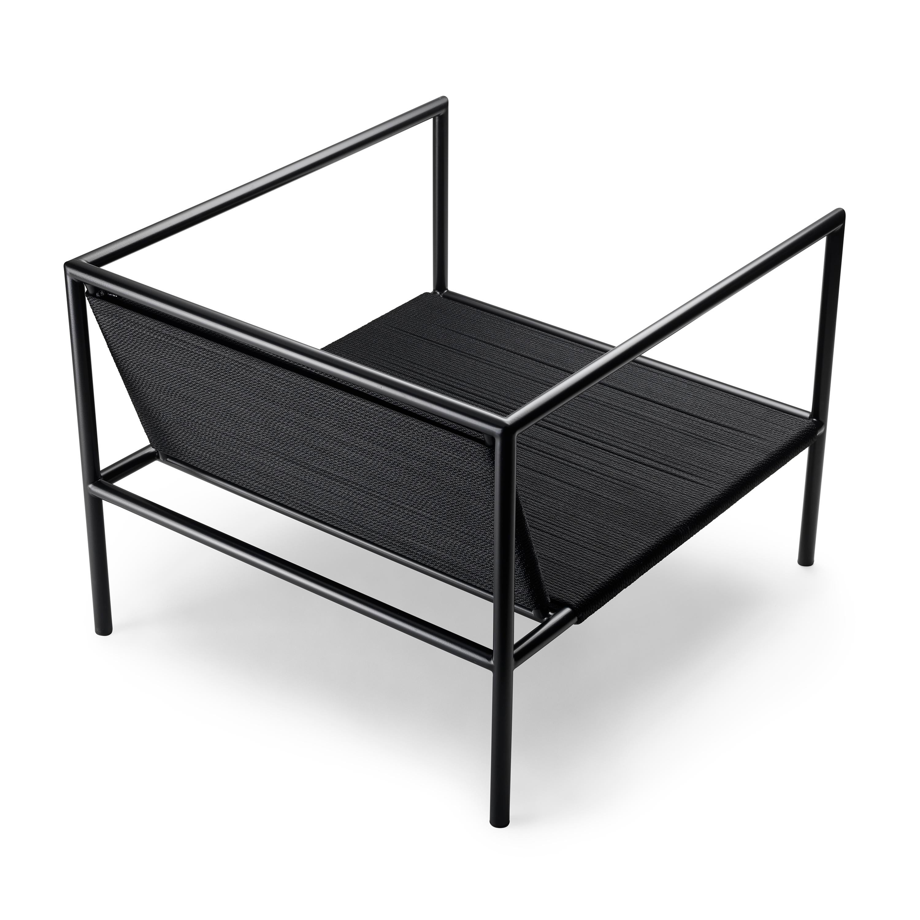 Modern Outdoor Armchair Powder Coated Black Stainless Steel and Nylon Cord For Sale