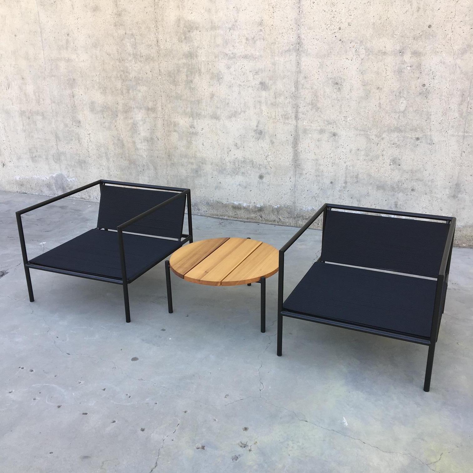 Outdoor Chair With Arms Stainless Steel Powder Coated Black + Black Cording In New Condition For Sale In Los Angeles, CA