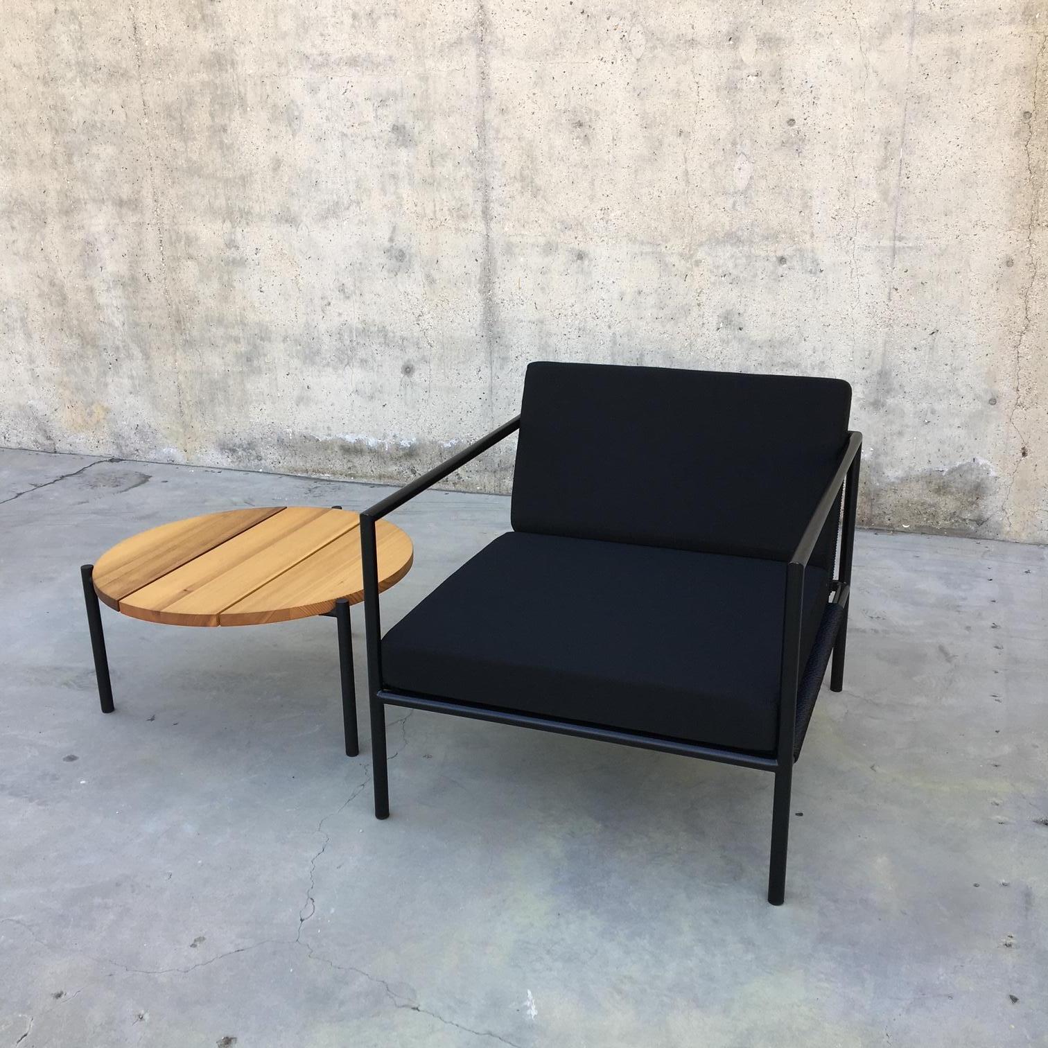 Contemporary Outdoor Chair With Arms Stainless Steel Powder Coated Black + Black Cording For Sale