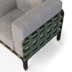 Outdoor Armchair with Bouclé Upholstery and Green Leather Accents