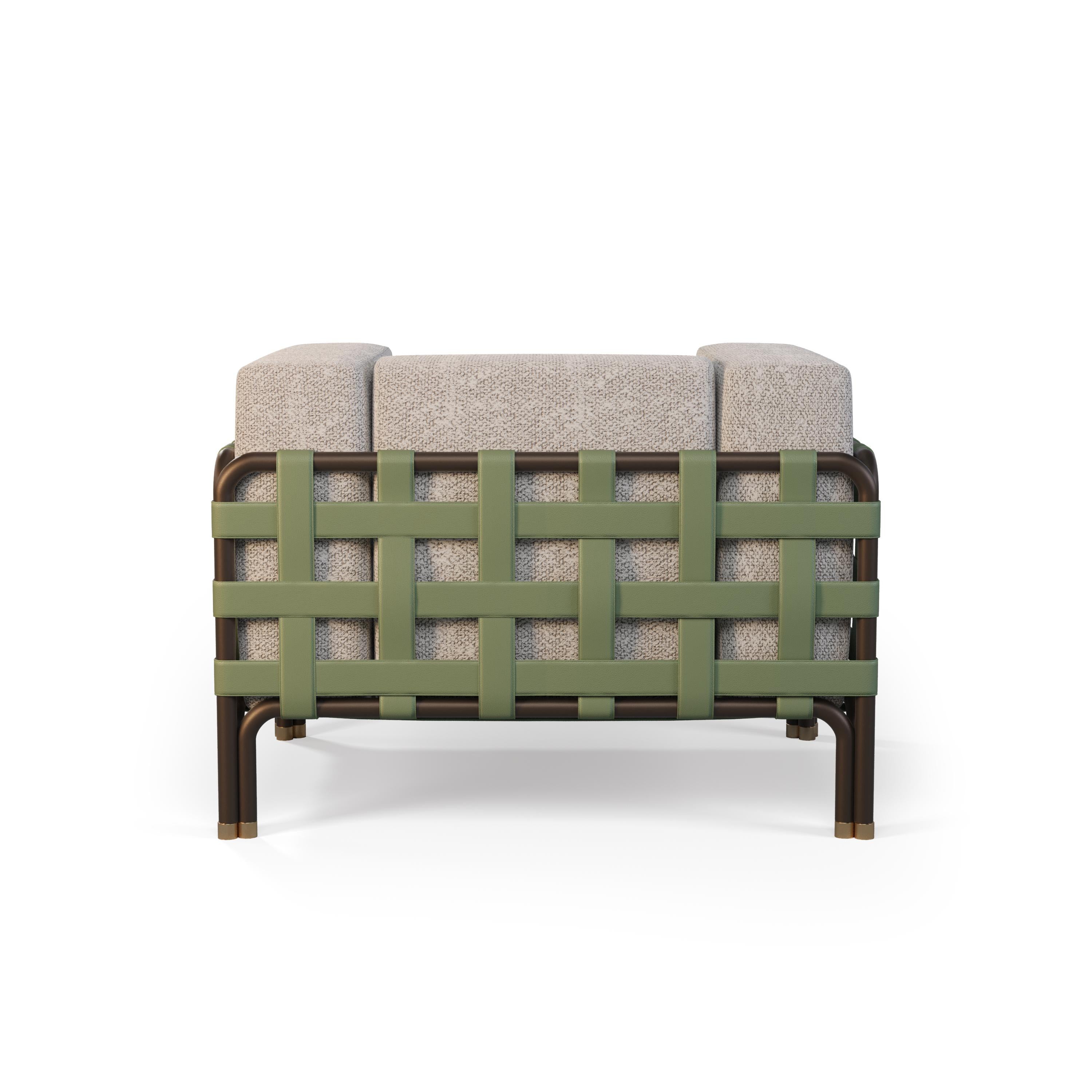 Outdoor-Sessel mit Bouclé-Polsterung und grünen Lederakzenten (Portugiesisch) im Angebot