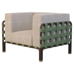 Outdoor Armchair with Bouclé Upholstery and Green Leather Accents