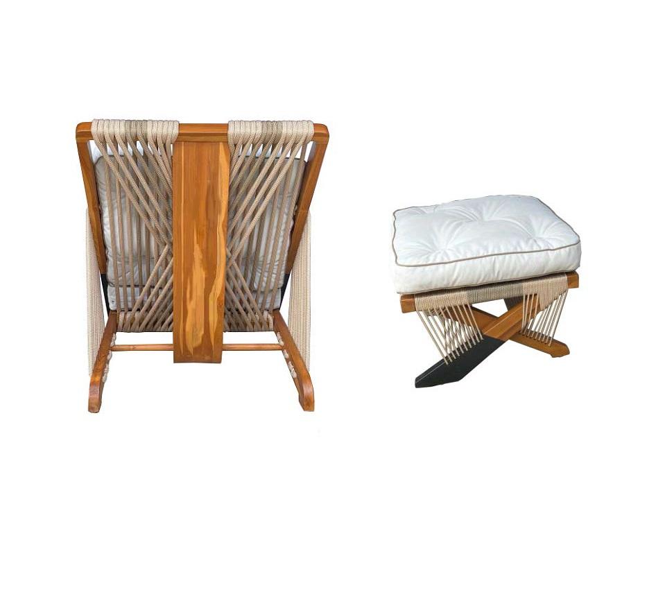 Handmade Armchair With Ottoman In Solid Teak & Rope For Sale 2