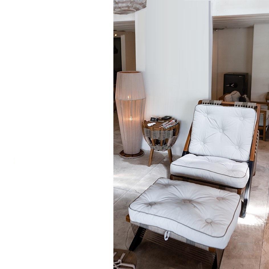 Modern Handmade Armchair With Ottoman In Solid Teak & Rope For Sale