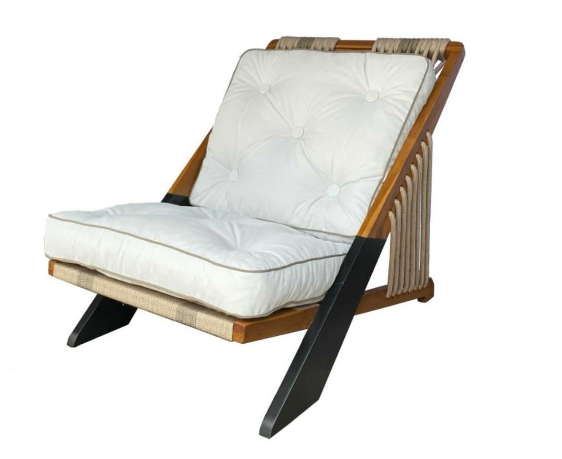 Hand-Crafted Outdoor Armchair With Ottoman In Solid Teak For Sale